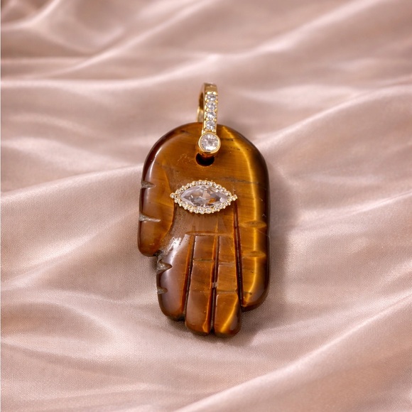 Anthropologie Jewelry - Hamsa Fatima Hand Tiger Eye Natural Stone Pendant Charm